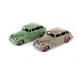 Dinky Toys 39d Buick Viceroy, two examples, first green body and ridged hubs, VG, boot repainted,