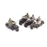 Dinky Toys 37a Civilian Motor Cyclist, four examples, black motor cycle, green rider (2), grey rider