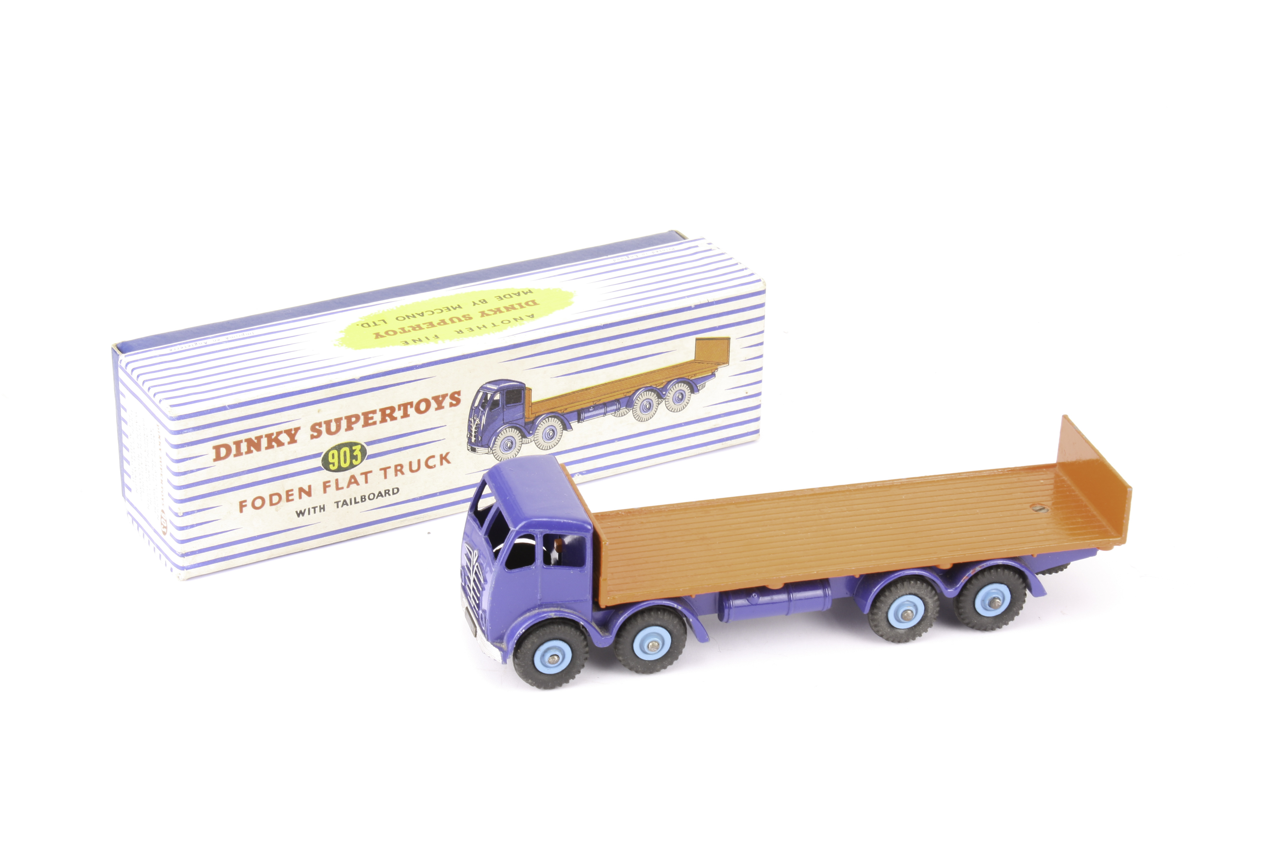 A Dinky Toys 503 Foden Flat Truck with Tailboard, with royal blue cab and chassis, orange back and