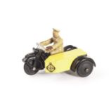 A Dinky Toys 271 ‘ANWB’ Motorcycle Patrol, black/yellow, tan rider, black rubber wheels, Dutch AA