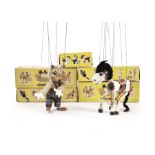 Pelham Puppets: Bengo, Horse, Baby Bear with 1963 label, Poodle and Clown, all in original yellow