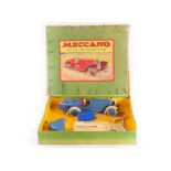 A Meccano No 2 Constructor Car, built as a two-seater, in blue with tapered boot, cream mudguards,