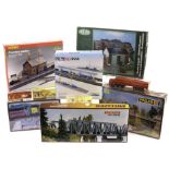 A group of unmade Continental HO scale scenic kits by various makers: including station platform