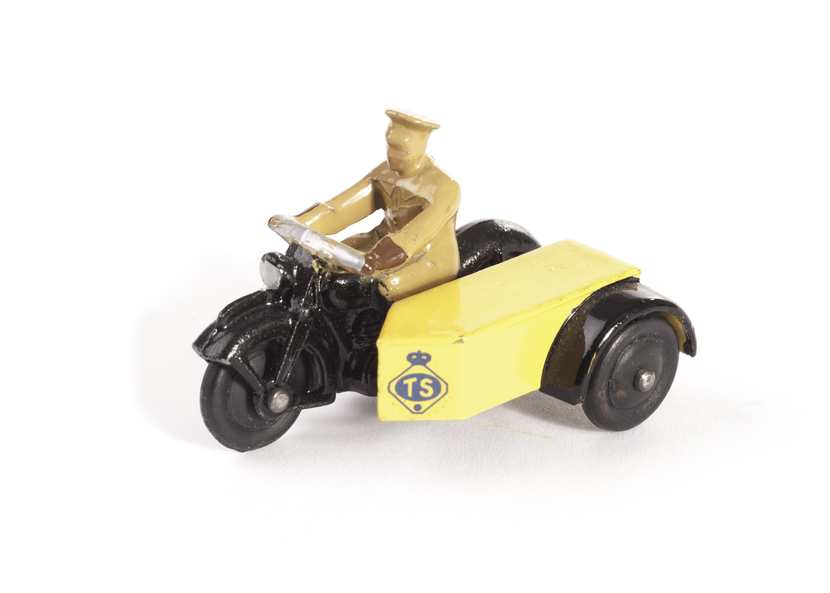 A Dinky Toys 271 ‘TS’ Motorcycle Patrol, black/yellow, tan rider, black rubber wheels, Belgian AA
