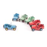 Dinky Toys 25j Jeep, six examples, red body, blue hubs, red body, black hubs, light green body,