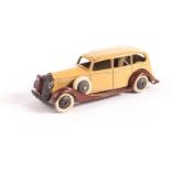 A Pre-War Dinky Toys 30d Vauxhall, brown open chassis, tan body, egg box grille, smooth unpainted