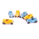 Dinky Toys 35d Austin 7 Open Tourer, six examples, blue body, wire windscreen (2), yellow body,