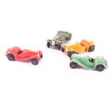 Post-War Dinky Toys 35c MG Sports Car, orange, red, light green, dark green, all with black rubber