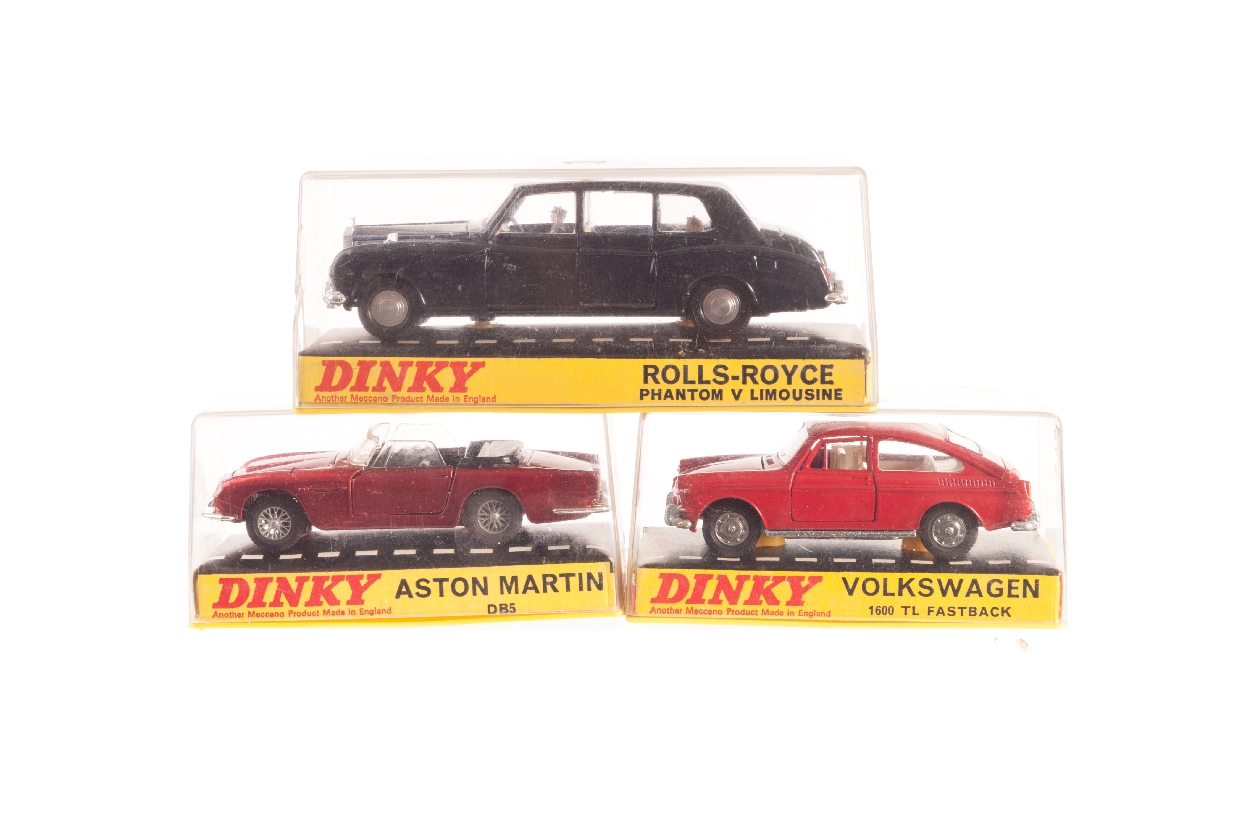 Dinky Toy Cars In Hard Plastic Cases, 110 Aston Martin DB5, 163 Volkswagen 1600 TL Fastback, 152