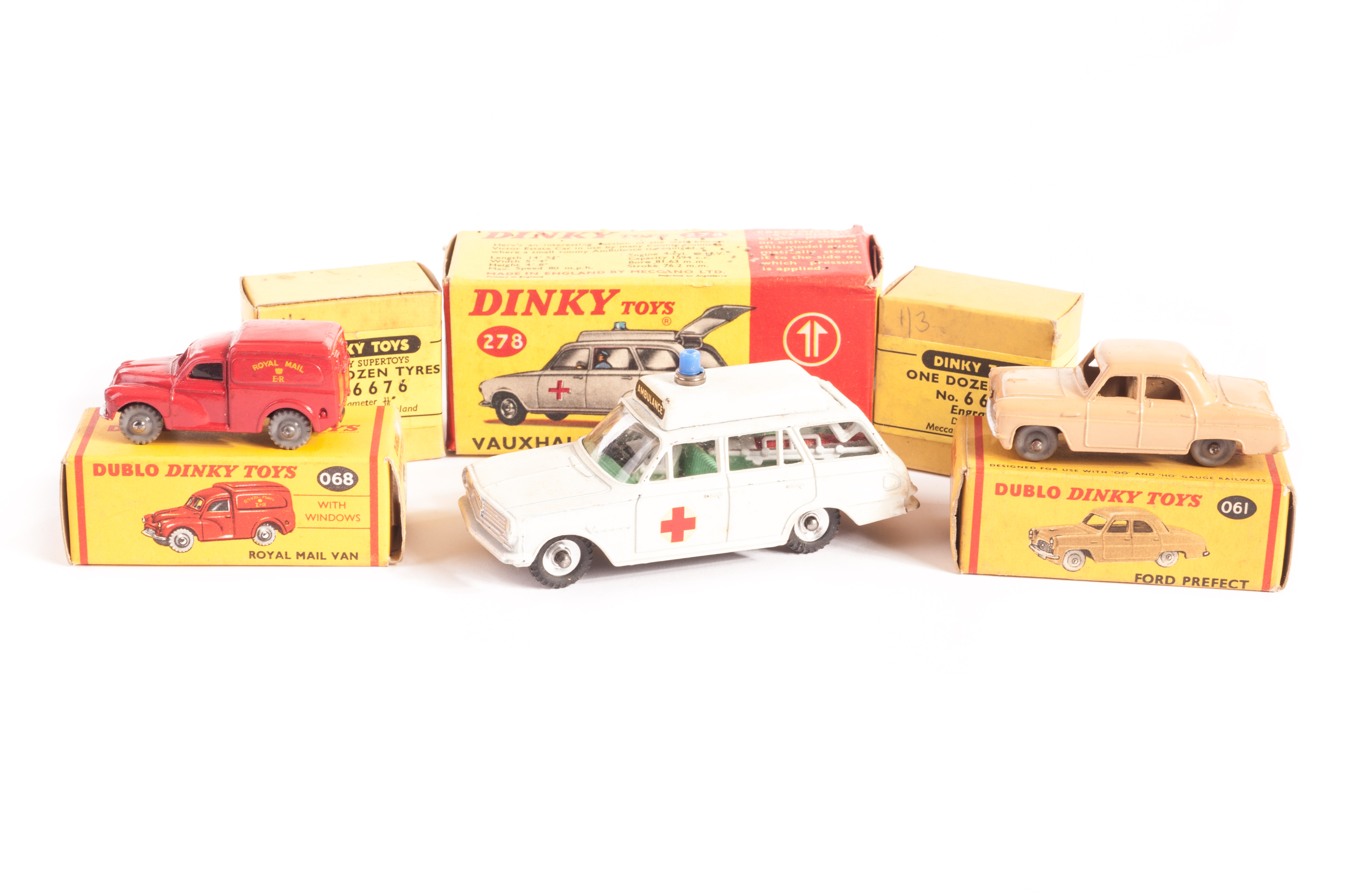 Dublo Dinky Toys 061 Ford Prefect, 068 Royal Mail Van, VG-E, 278 Vauxhall Ambulance, G-VG, 6677,