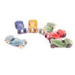 Pre-War Dinky Toys 35c MG Sports Car, six examples, turquoise, green, yellow, with white rubber