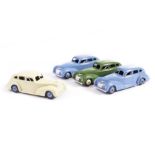 Dinky Toys 39e Chrysler Royal Sedan, four examples, first cream body, repainted blue ridged hubs,