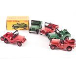 Dinky Toys 25y/405 Universal Jeep, five examples, 405 red body and hubs, in original box, another