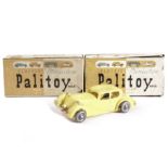 Palitoy Plastic Miniature Vehicles: five rubber band drive yellow saloons, with green or red wind up