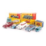 A Dinky Toys 142 Jaguar Mark X, light metallic blue, red interior, plastic trunk, 195 Jaguar 3.4