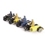 Dinky Toys 44b/270 ‘AA’ Motorcycle Patrol, two examples, black/yellow, one with black rubber wheels,