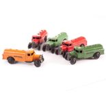 Dinky Toys 25d Petrol Tank Wagon, five examples, all type 3 closed chassis, red body (2), orange