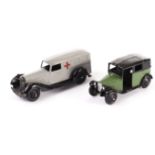 A Dinky Toys 30f Ambulance, grey body, black moulded chassis, black ridged hubs, 36g Taxi with
