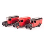 Dinky Toys 34b Royal Mail Van, three examples, red body, black bonnet/wings/roof/hubs, open rear