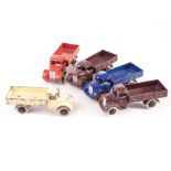 Pre-War Dinky Toys 22c Motor Truck, five examples, off-white body, black hubs, maroon body, blue