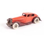 A Pre-War Dinky Toys 24e Super Streamlined Saloon, red body, criss-cross maroon chassis, plated ‘
