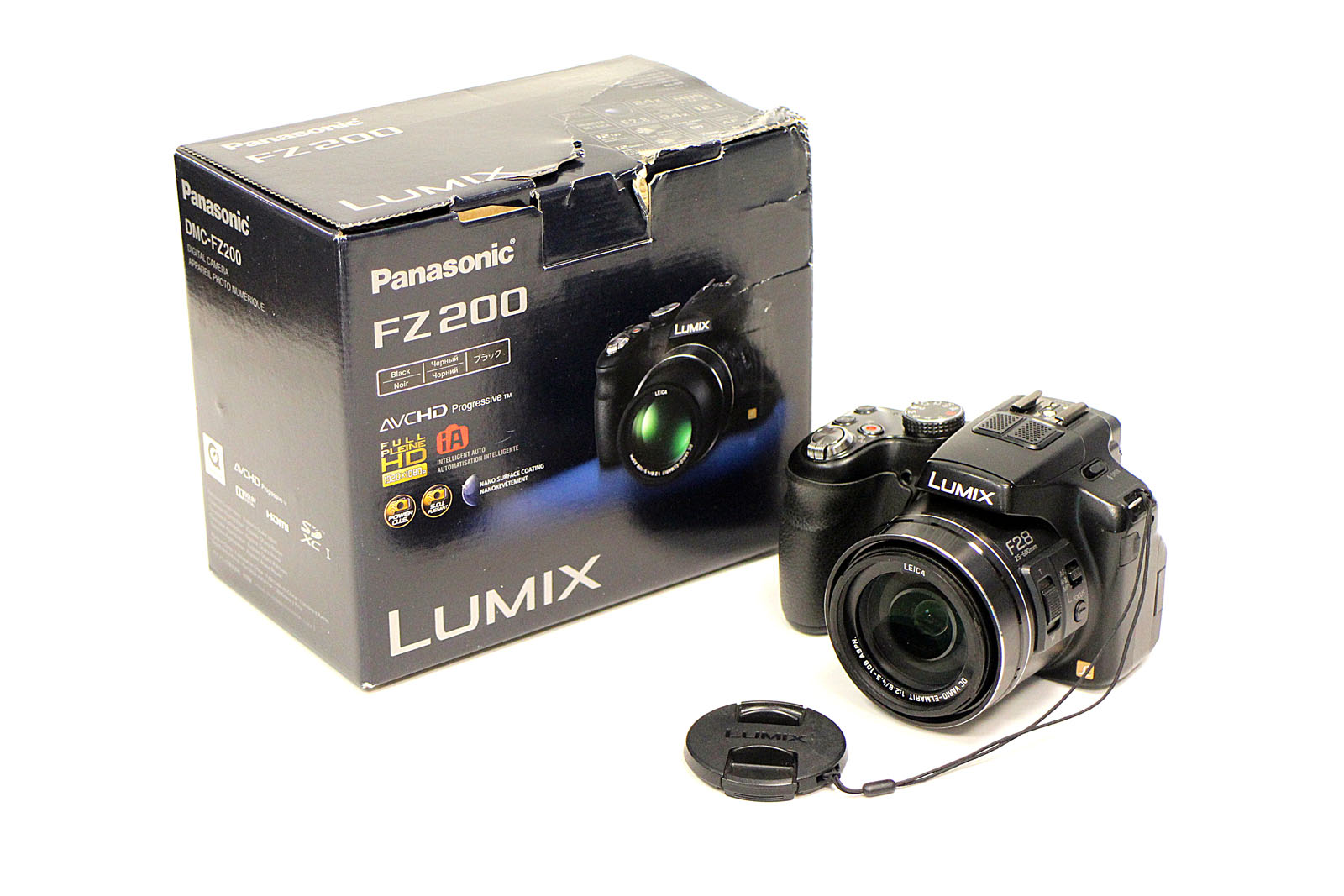 A Panasonic Lumix FZ200 Digital Camera, in maker's box