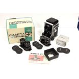 A Mamiyaflex C3 with lenses: camera in maker's box with 55mm, 80mm and 135mm lenses and