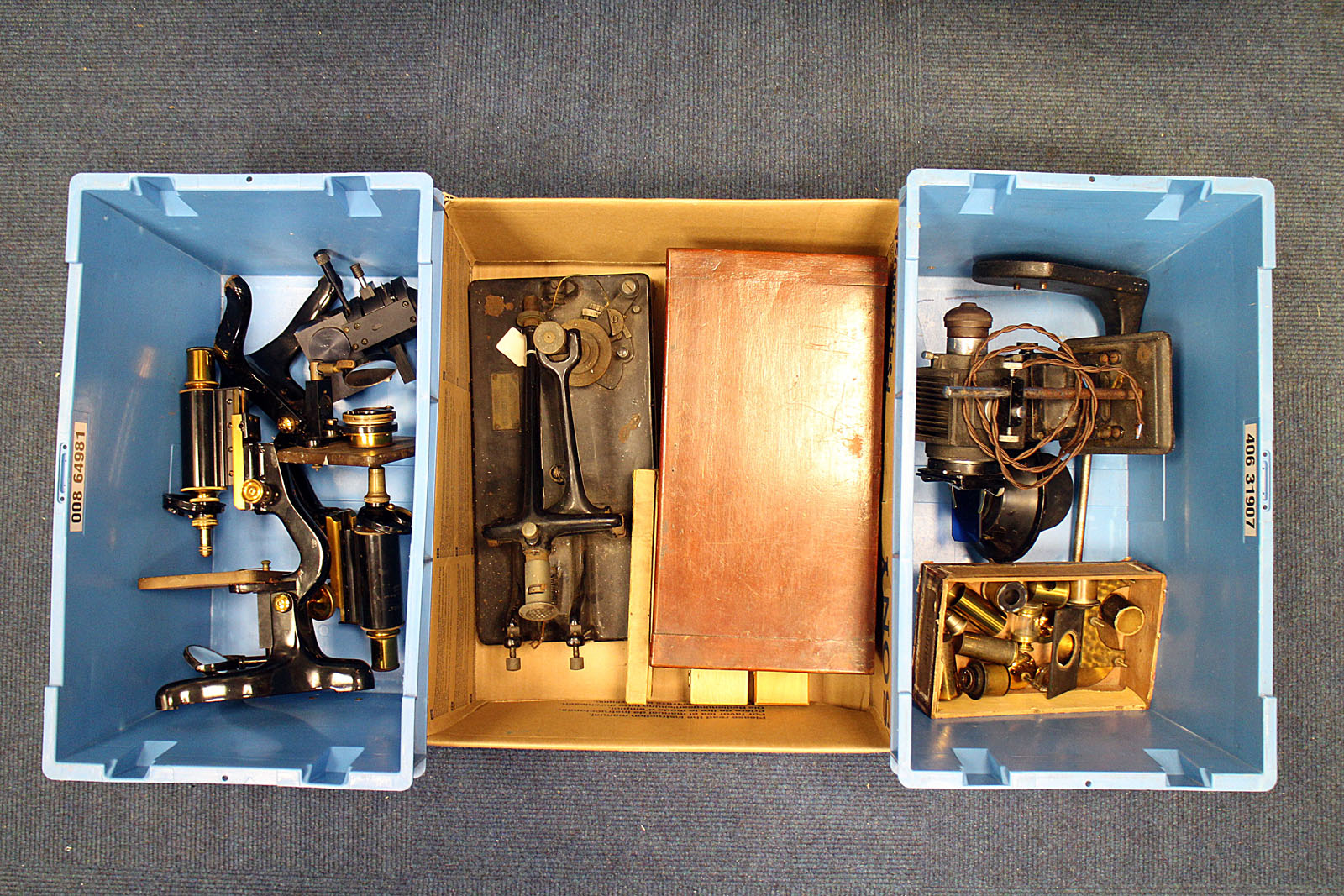 Microscopy: two Watson microscopes, Reichert microscope lamp, Baker lamp, Cambridge microtome,