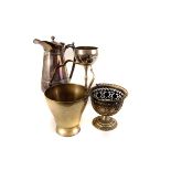An assortment of silver plated and metal items, including posy vases, a goblet, dishes and more (