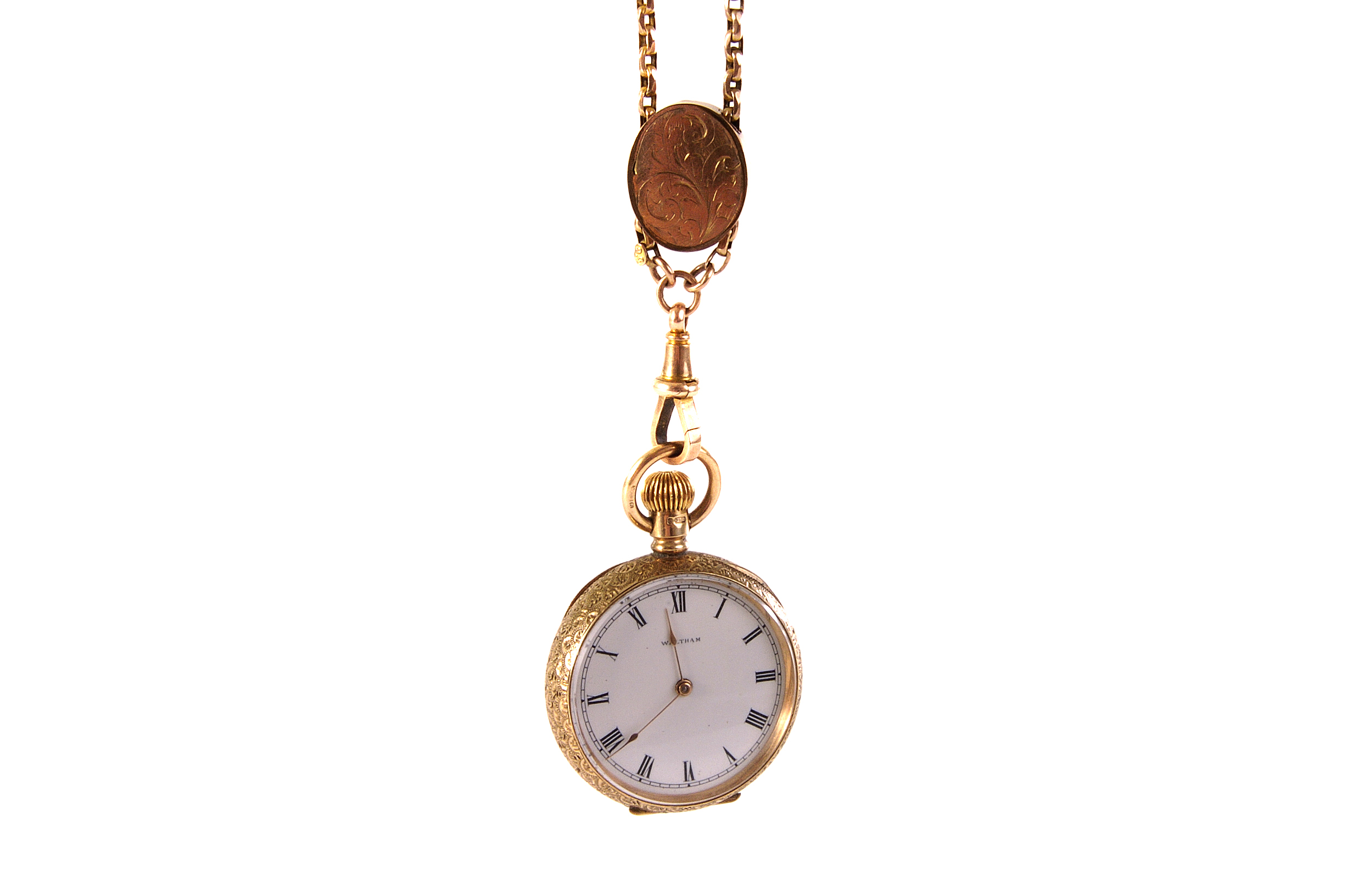 A 9ct gold Waltham open faced fob watch, on long 9ct gold necklace chain, chain approx 22g