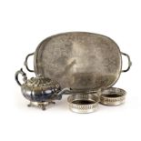 A Viner's silver plated three piece tea set, together with a pair of presentation plate wine