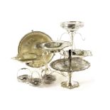 A collection of various silver plated items, including large bon bon dishes, an epergne, a serving
