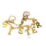A 9ct gold charm bracelet, the chain supporting letters to spell SISTER with two gem set hearts,