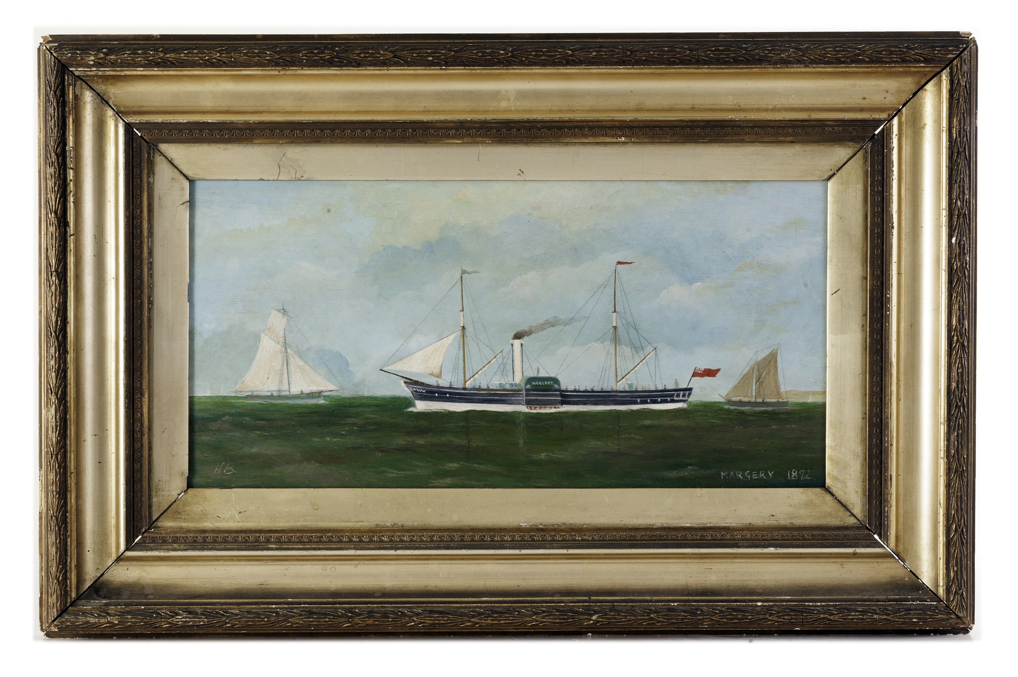 A Victorian naive oil on board,  Margery 1872, signed HB in gilt frame 20cm by 39cm