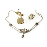 A French silver, citrine and marcasite necklace, together with a gold fronted circular locket and