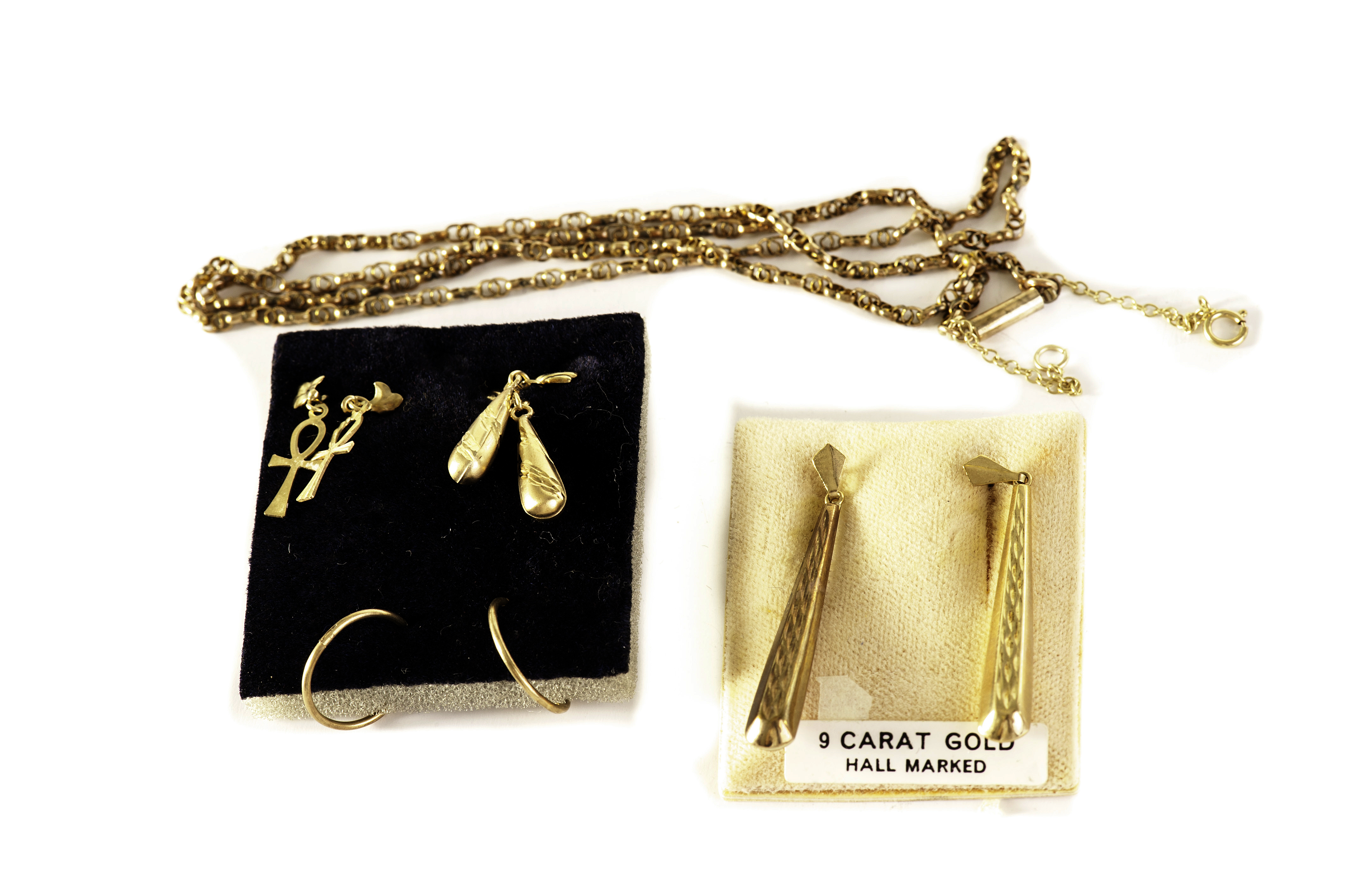 Four pairs of 9ct gold and yellow metal earrings, together with a 9ct gold necklace (parcel)
