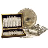 A silver plated canteen of cake flatware in fitted box,  together with a chafing dish, circular