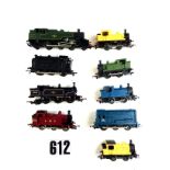 Tri-ang 00 Gauge Tank Locomotives: 0-4-0, yellow (2), green (1) and blue (1), maroon 0-6-0T, blue