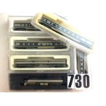 Con-Cor N Gauge 'Missouri Pacific' Locomotive and Coaches, individually boxed, VG-E boxes G (10)