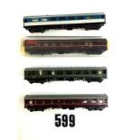 Late Trix Liliput 00 Gauge Coaches: blue and grey Pullman (2), LMS with wite roofs (2), grey roof (