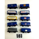 Trix 00 Gauge Grain Wagons: ten different wagons, eight blue, one yellow and one grey, generally