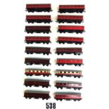 Trix Twin Railway OO Gauge BR-era coaches: eighteen 7" coaches, including suburban coaches in red