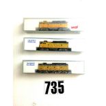 KATO N Gauge 'Union Pacific' A and B units,  comprising two locomotives and a coach, E boxes G (3)