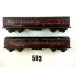 Two O Gauge Coaches; believed by Exley for Bassett Lowke, in LMS maroon, P-F (2)