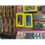 A box of OO Gauge rolling stock by various makers: including four LMS maroon coaches by Mainline (in