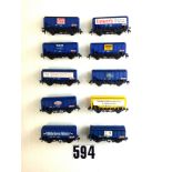 Trix 00 Gauge Grain Wagons: ten different wagons, nine blue and one yellow , generally VG (10)