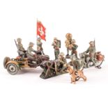 Elastolin 75 mm Swiss Army, including solo motorcyle and motorcycle and machine gun side car,