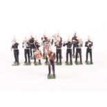 White metal 43 pce Royal Marines Band recast from Britains figures, unmarked, VG,