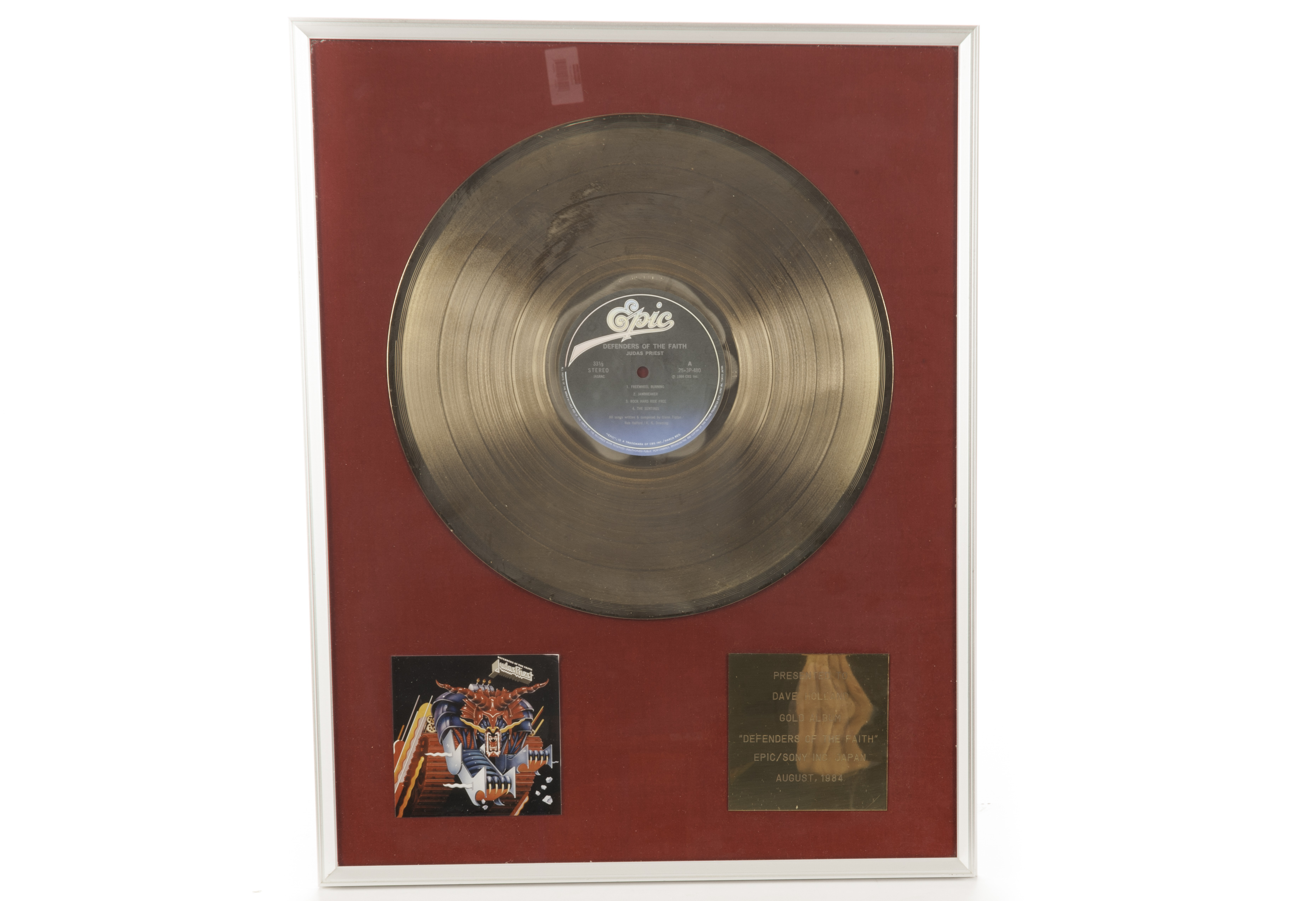 Judas Priest: An original gold album award presented to drummer Dave Holland for the Epic / Sony INC