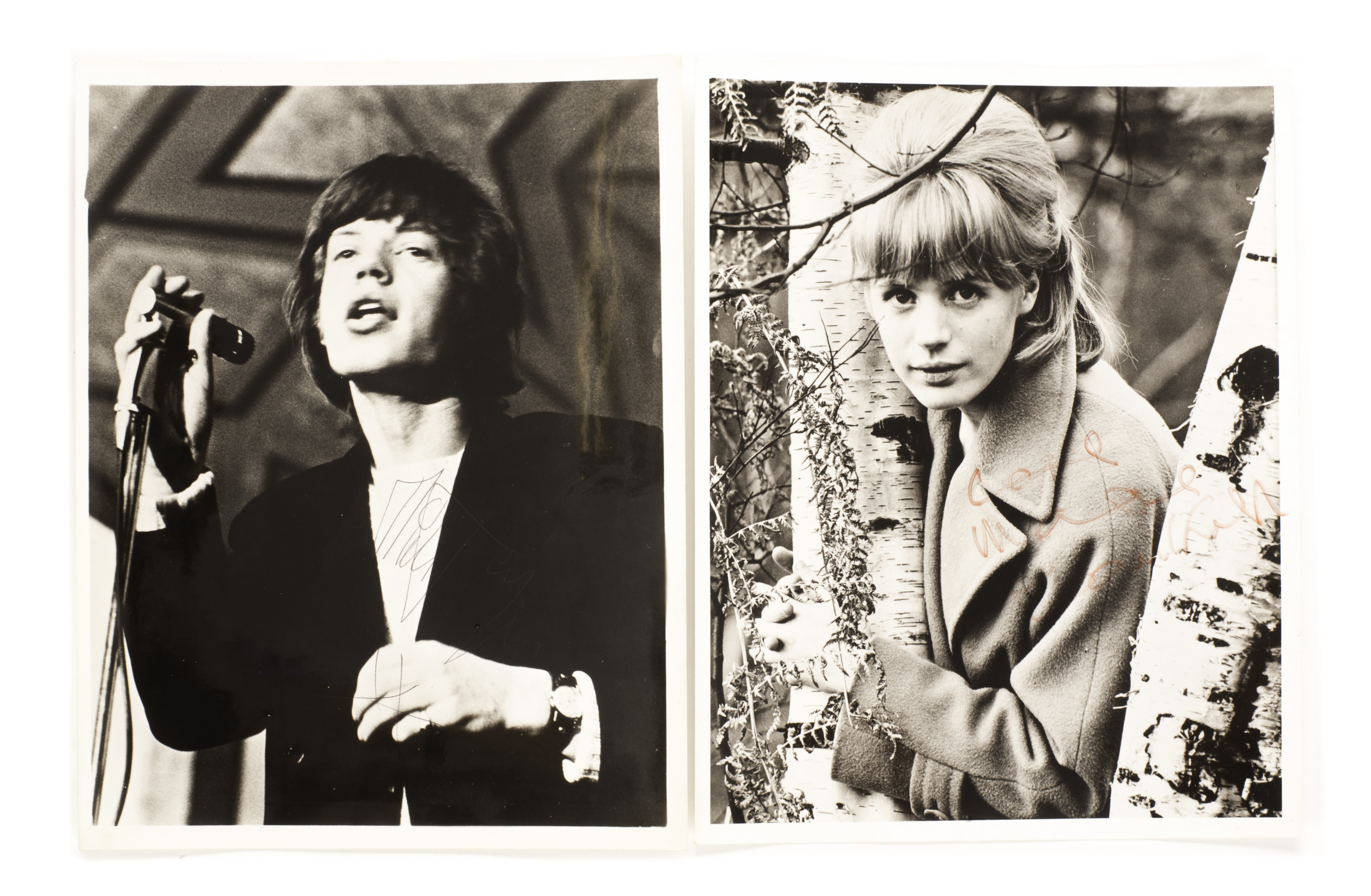 Autographs:  two 10"x8"silver prints of Mick Jagger and Marianne Faithfull each individually signed